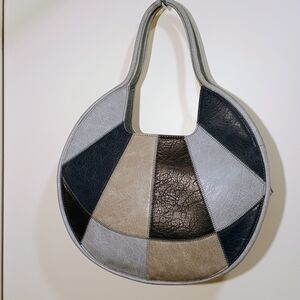 Patchwork Vegan Faux Leather Round Circle Tote Handbag